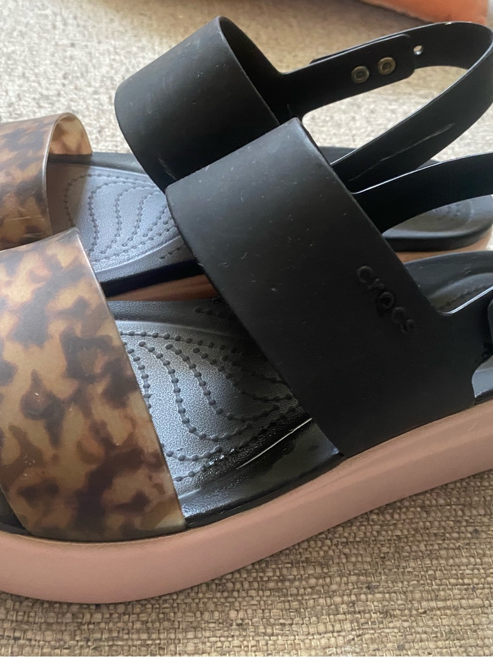 CROCS Women's Black & Tortoiseshell Platform Sandals with Pink Sole